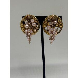 Vintage Gold Tone and Faux Pearl Round Flower Dangle Clip On Earrings